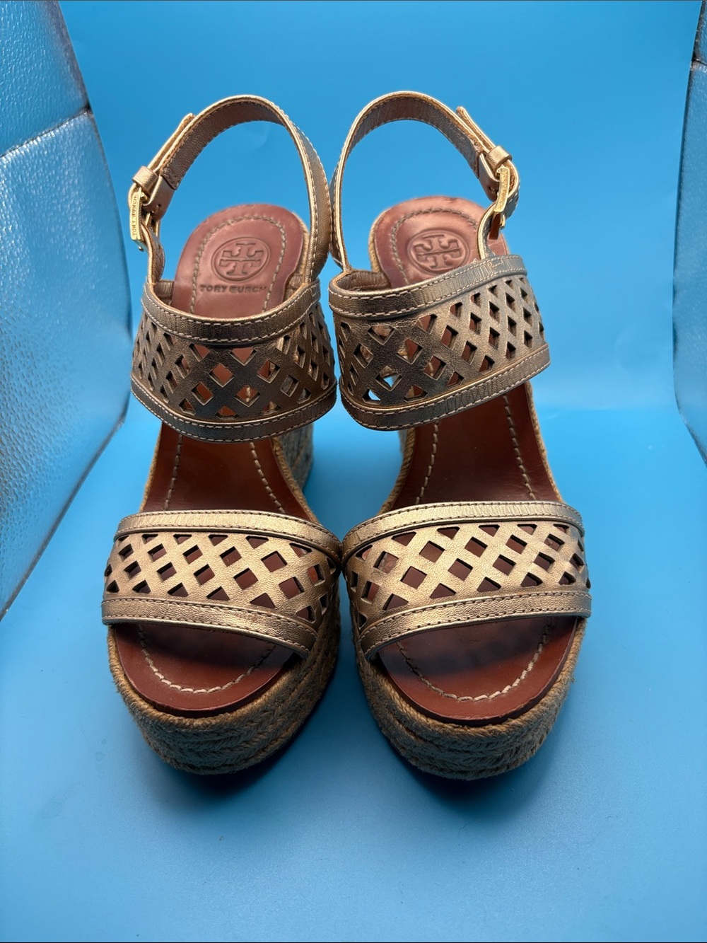 Tory Burch Metallic Bronze Laser-Cut Wedge Sandals